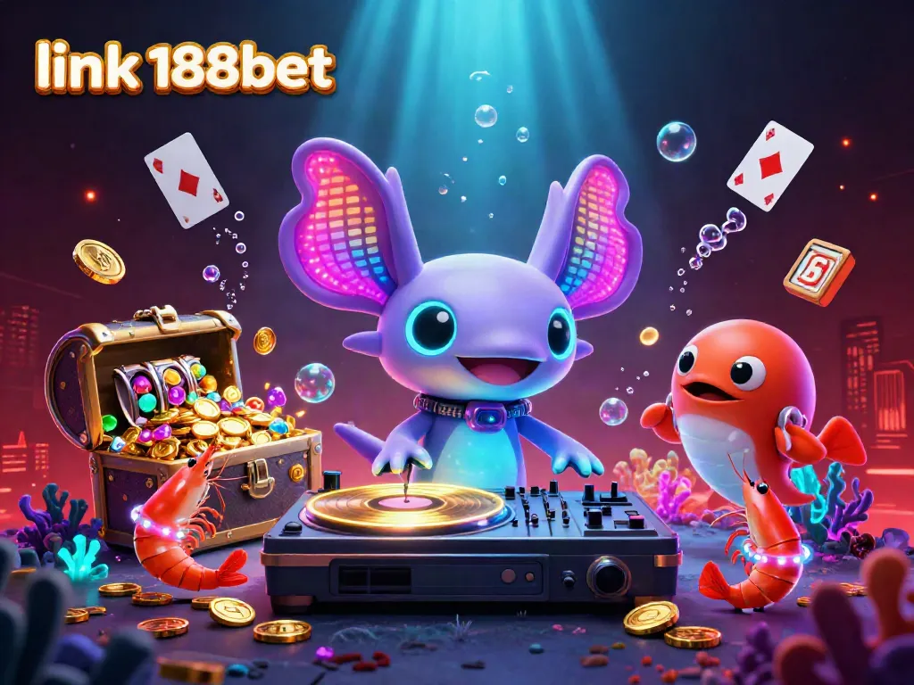 Engage in fun with the vibrant underwater scene of link 188bet featuring an energetic axolotl DJ and additional gaming elements.