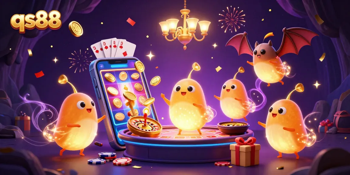 qs88 players enjoy vibrant slot games in a bioluminescent cave casino illuminated by glowworms