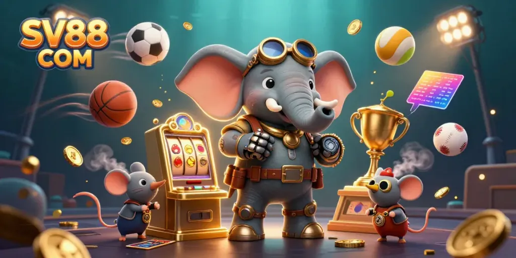 Experience thrilling bets at SV88 COM with a steampunk elephant operating a golden slot machine in an animated casino scene.