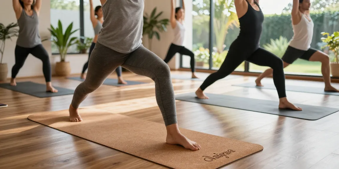 Cork yoga mats personalized with names in a sunny yoga studio scene.
