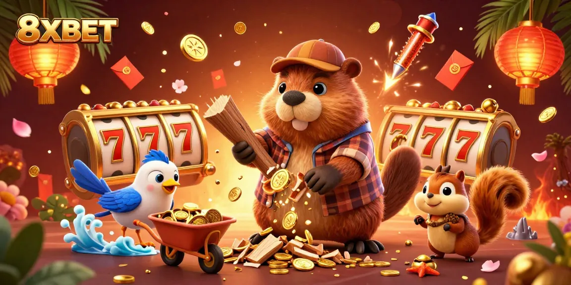 Engage with 8XBET through a vibrant casino scene featuring gold coin rewards and dynamic game icons.