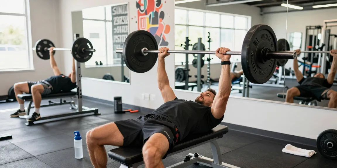 Utinon Steroids Shop: Athlet beim Bankdrücken im Fitnessstudio mit inspirierender Atmosphäre.