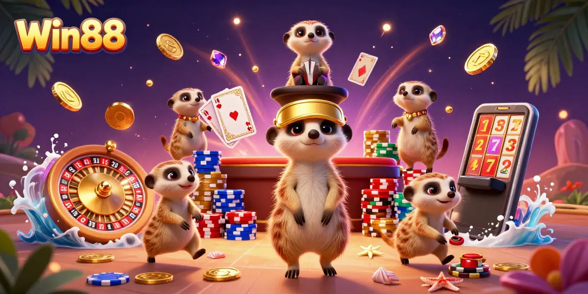 Win88 meerkats managing a vibrant casino with chips and cards flying, showcasing dynamic action.