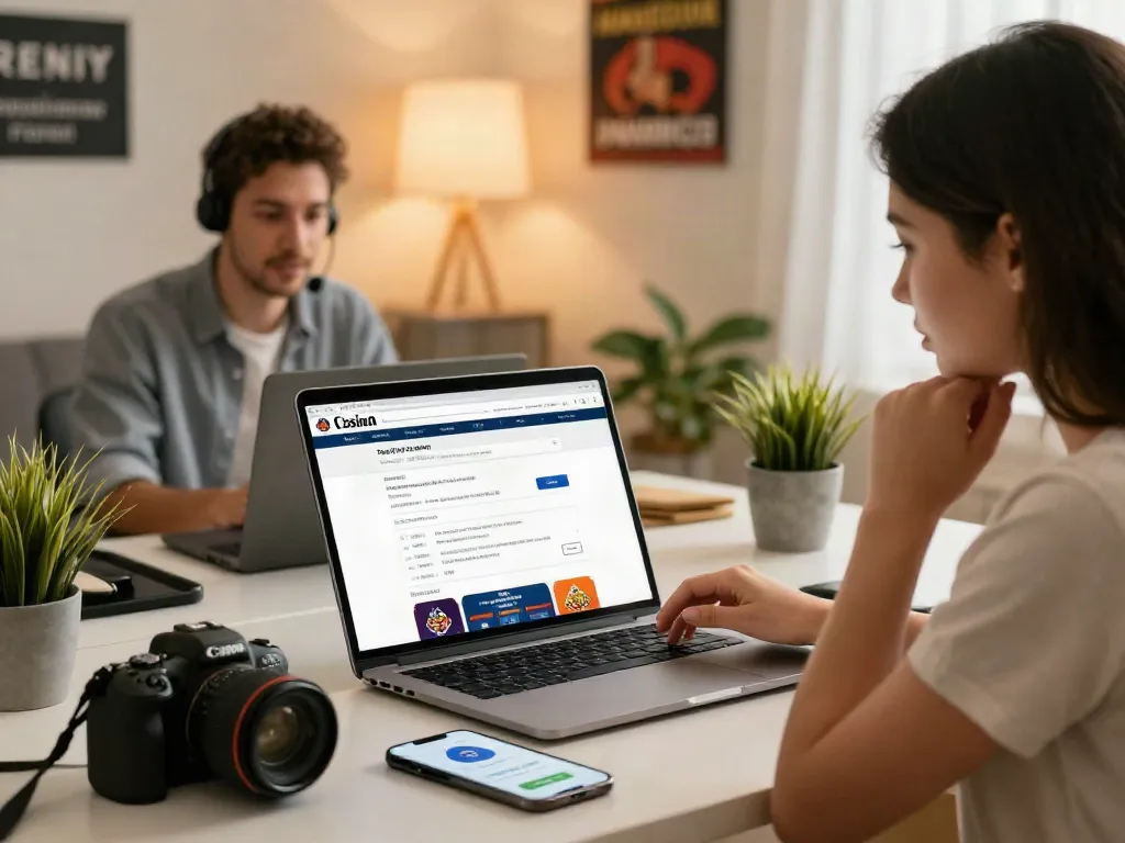 Gesicherte Anmeldung im Online-Casino im modernen Home-Office, wo Nutzer sicher registrieren und Unterstützung erhalten.