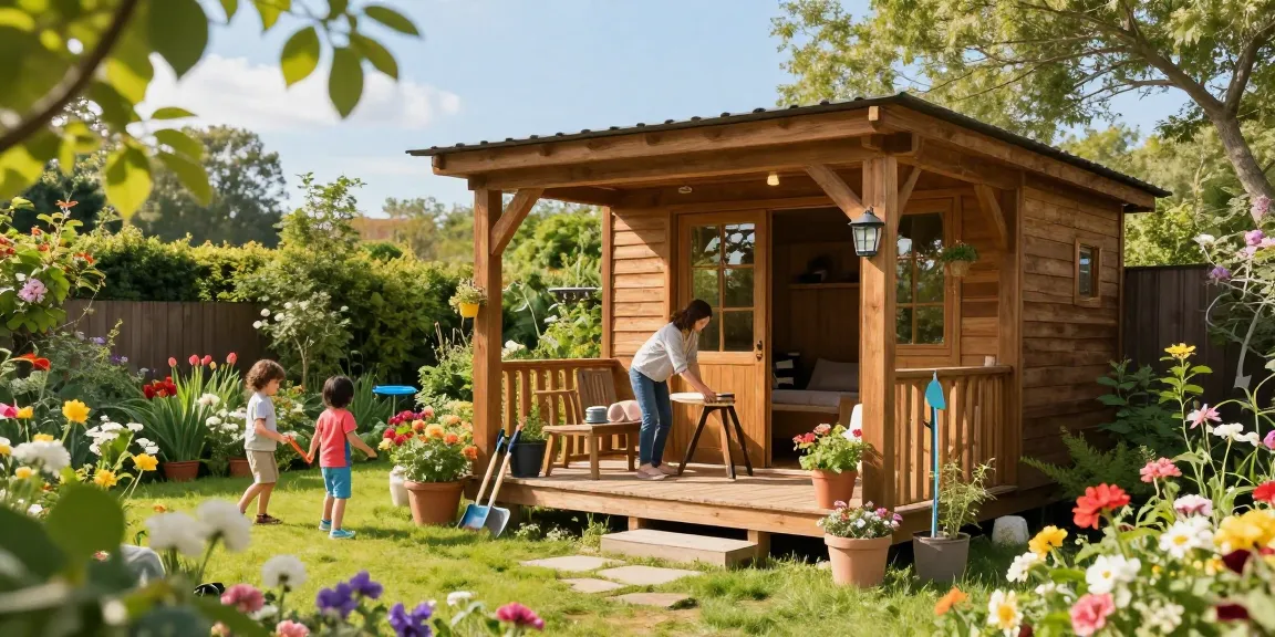Schönes Gartenhaus aus Holz umgeben von Blumen und Pflanzen, ideal für Gartenliebhaber.