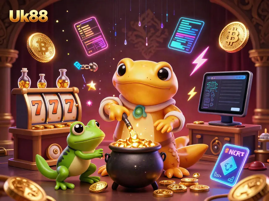 Play exciting slot games with Uk88's dynamic golden alchemist characters showcasing vibrant gameplay elements and crypto coins.