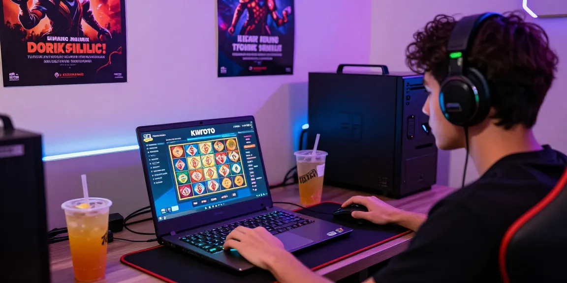 Pengalaman bermain yang seru di KIWTOTO dengan laptop dan peralatan gaming yang cerah.