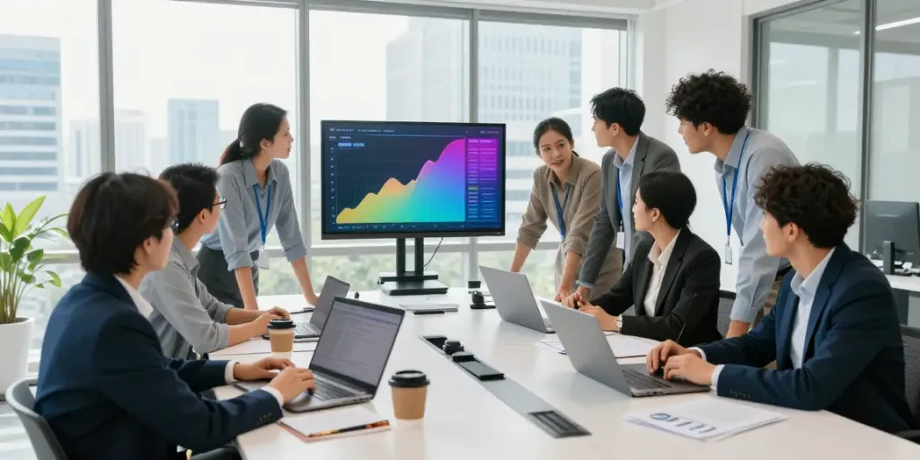 Colaboración de profesionales en la oficina sobre soluciones de bbva empresas.