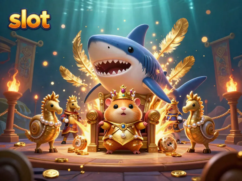 Experience thrilling slots with a hamster king atop a megalodon throne in a vibrant casino scene.