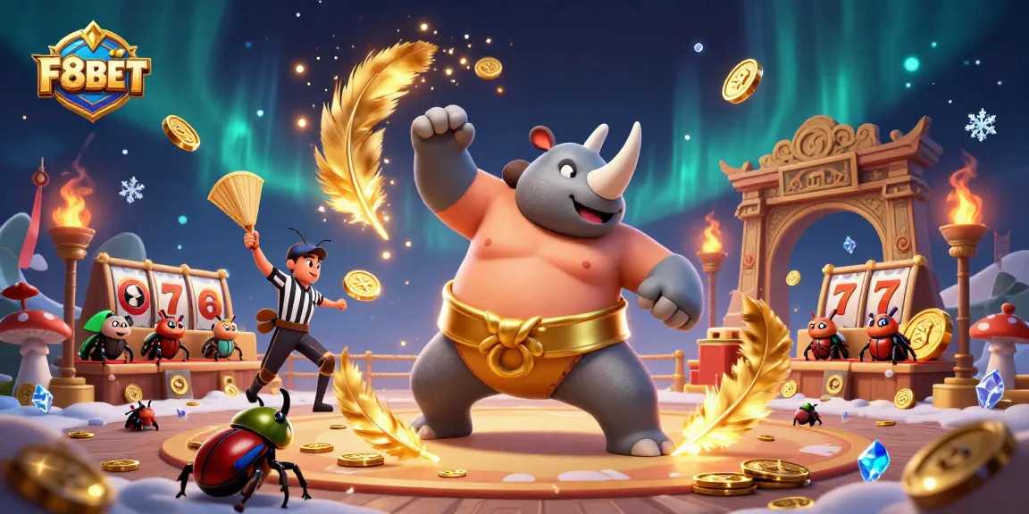 Experience the excitement of F8BET with a vibrant sumo beetle champion amidst a dynamic casino scene.