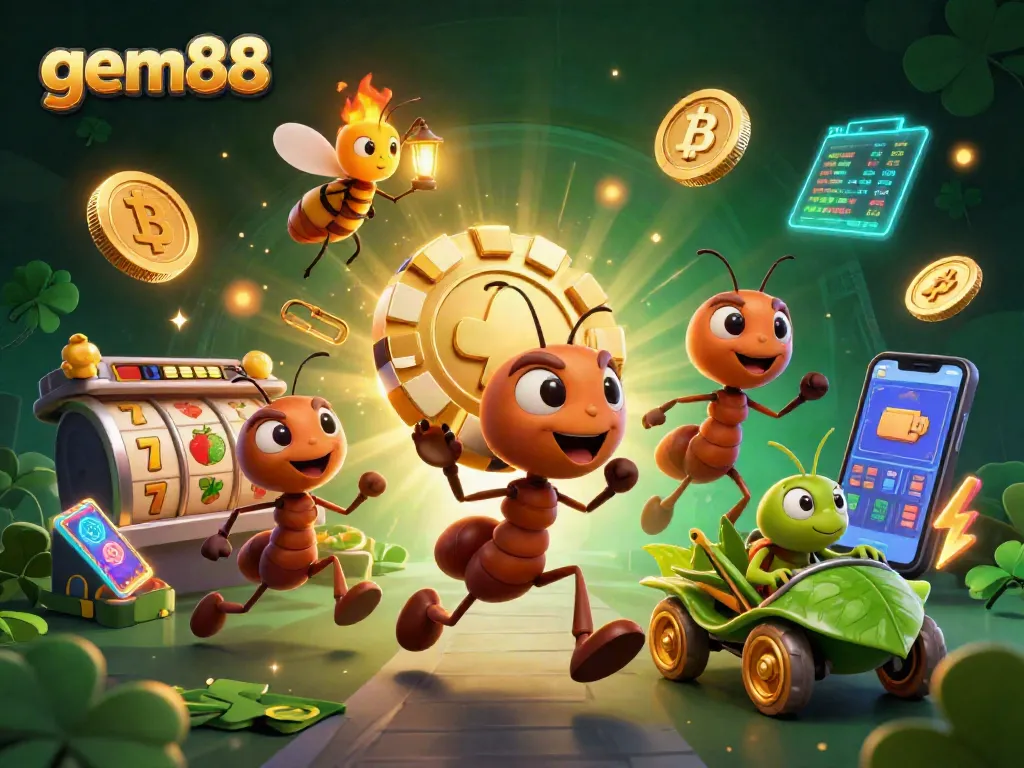 Engage with gem88 as a team of ants heist golden poker chips in a vibrant casino setting.