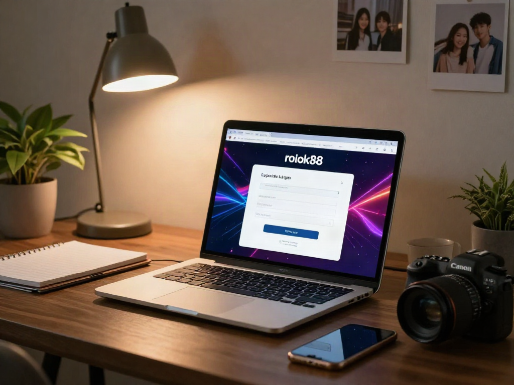 User entering the rokok88 login on a laptop in a cozy home office with a warm atmosphere.