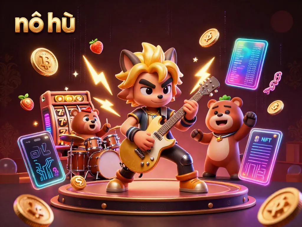 Experience nỗ hũ thrills as cartoon characters bring excitement to the casino stage with slot machines and vibrant crypto details.