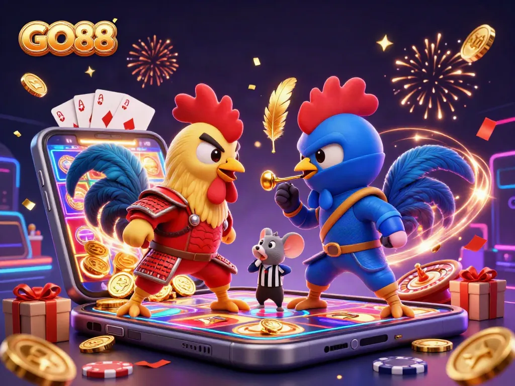 Experience GO88's thrilling standoff with fighting roosters and dynamic gambling elements.