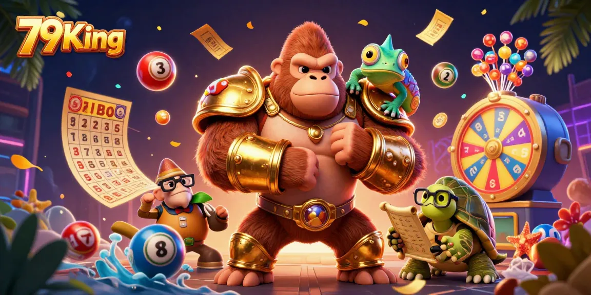 Engage with 79King's thrilling casino adventures, featuring a gorilla king and colorful lottery elements.