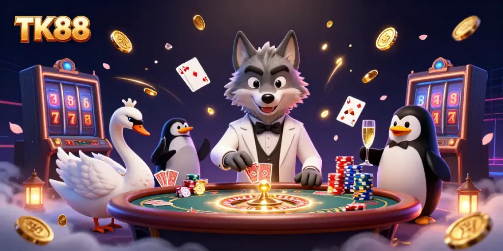 Engage in thrilling games at TK88 casino with glamorous characters and vibrant casino elements.