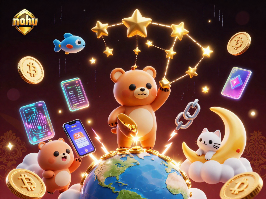 Engage with nohu's dynamic casino scene featuring animated stars and crypto elements.