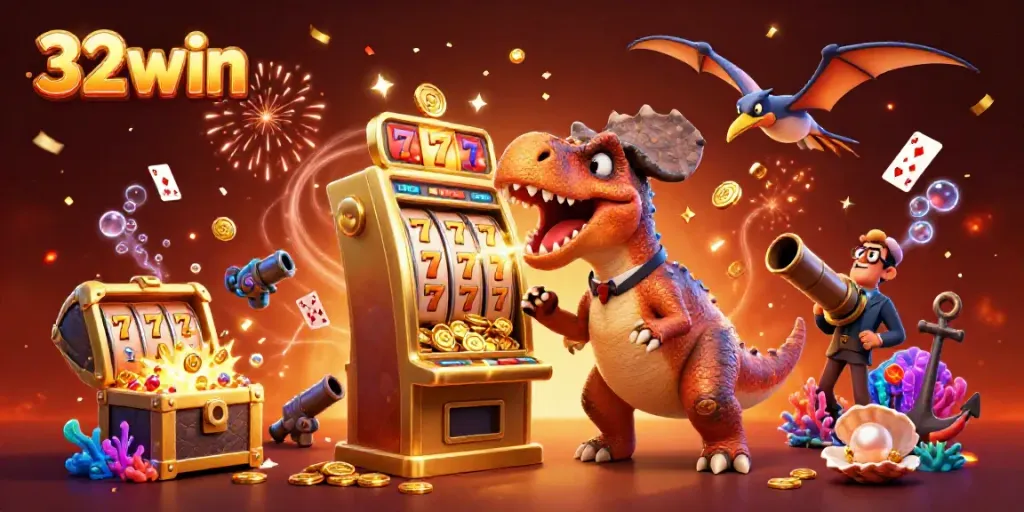 32win casino features a pachycephalosaurus winning a jackpot with dynamic gold effects.