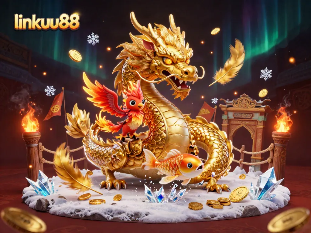 Experience thrilling games at link uu88 with a dragon, phoenix, and koi fish amidst a dynamic casino scene.