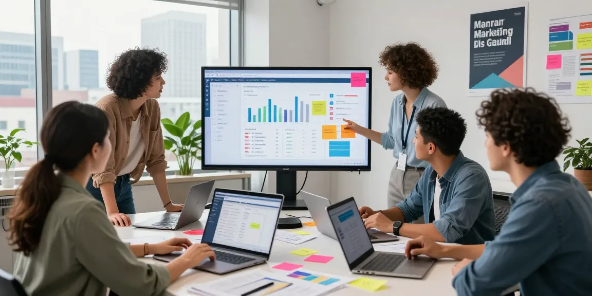 Online-Marketing-Profis, die in einem modernen Arbeitsumfeld mit digitalen Strategie-Metriken zusammenarbeiten.