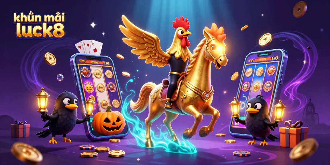 Engage with exciting khuyến mãi luck8 as golden rooster and spectral horse ride through a vibrant casino.