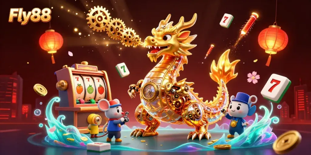 Engage with Fly88's electrifying gaming experience featuring a biomechanical dragon amidst vibrant casino elements.