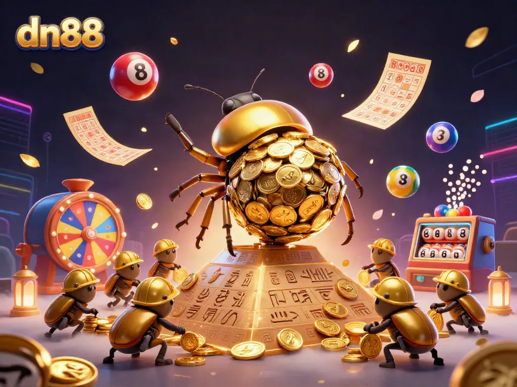 Experience the excitement of dn88 with a vibrant illustration of casino-themed elements and golden treasures.