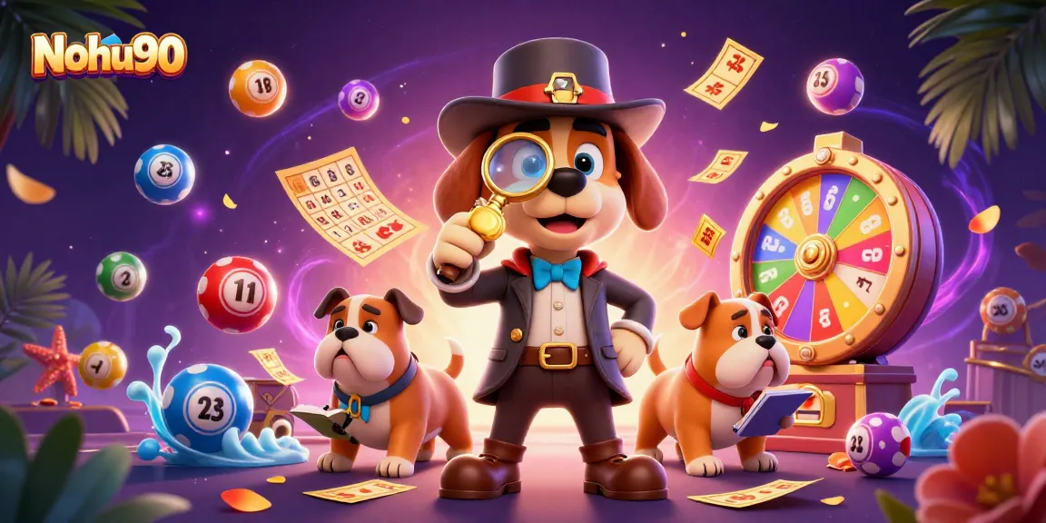 Nohu90 engages players with colorful lottery elements and a detective theme in this vibrant casino scene.