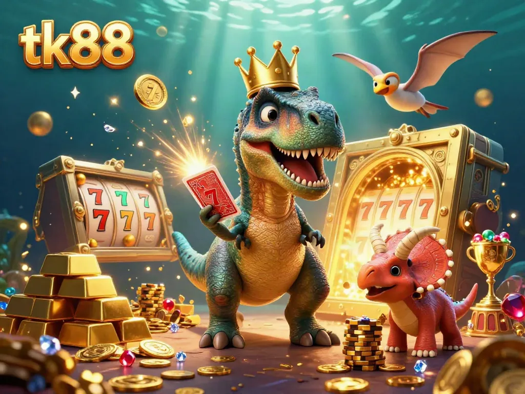 Engage with tk88's thrilling casino experience featuring a T-Rex shuffling cards surrounded by gold and treasures.