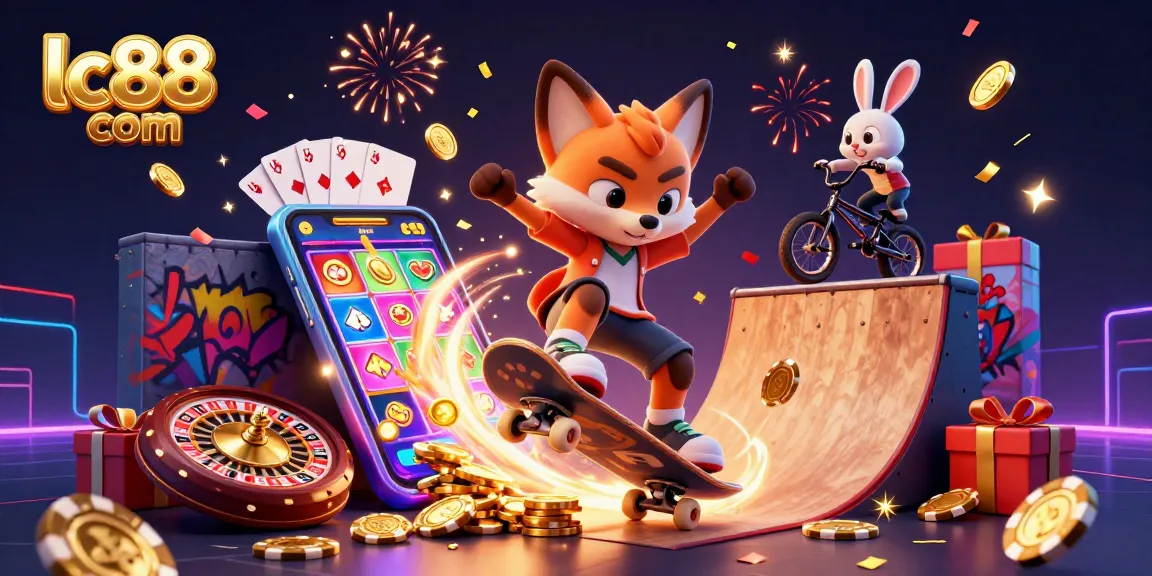 Experience thrills at lc88 com with a dynamic 3D casino scene featuring animated characters and festive game elements.