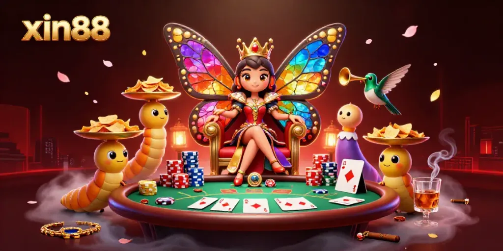 Experience the vibrant world of xin88 with a 3D butterfly queen on a poker-themed throne amidst dynamic casino elements.