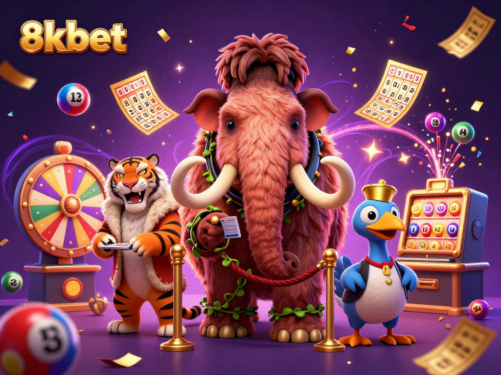 Experience the thrill of 8xbet with vibrant lottery balls and casino characters celebrating together.