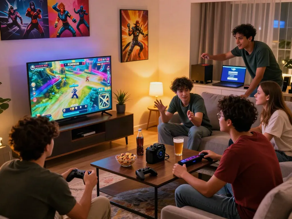 Friends enjoying an exciting gaming session with ROKOK88 login on display, showcasing a vibrant living room atmosphere.