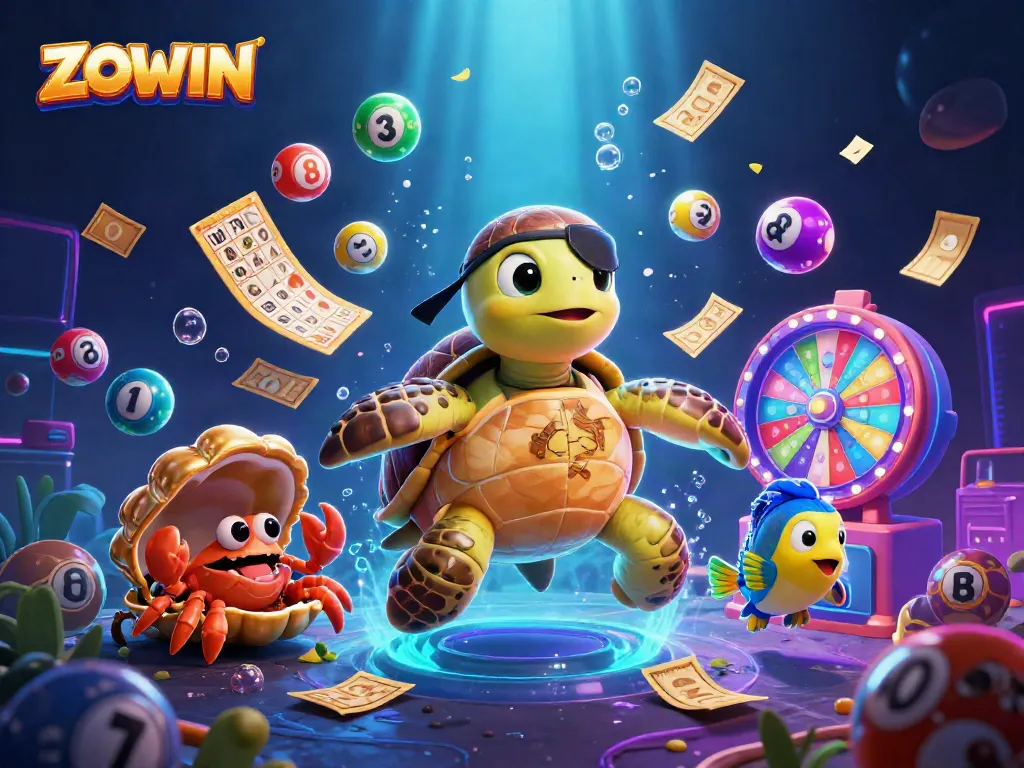 Engage with ZOWIN's thrilling casino experience featuring colorful lottery elements and lively characters.