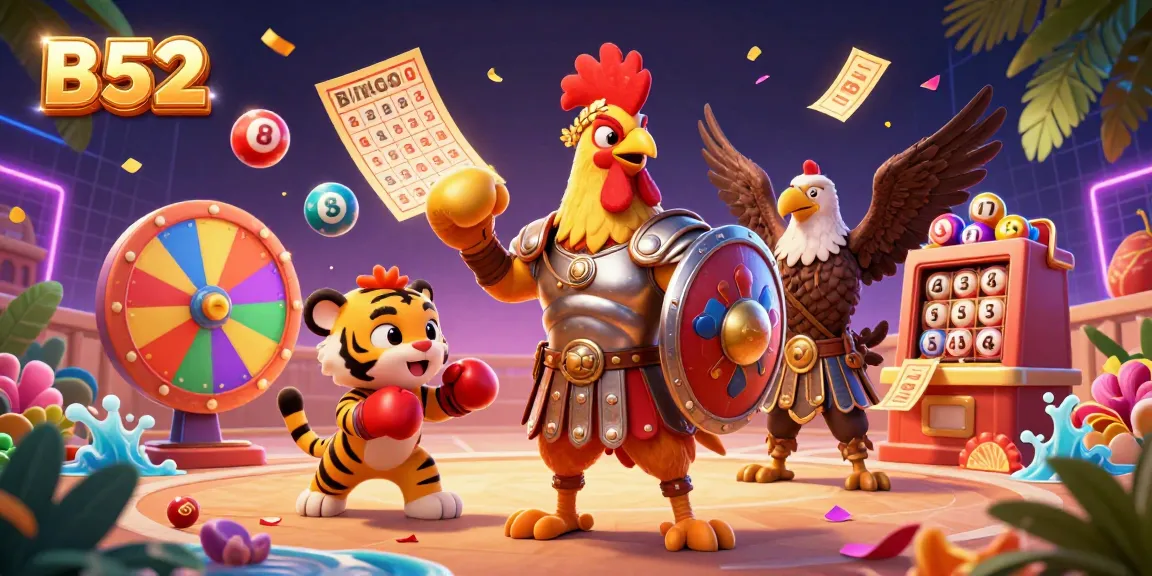 Experience thrilling B52 gaming action in a dynamic casino arena with a rooster hero and exciting lottery elements.