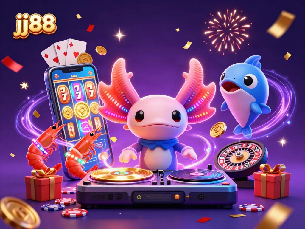 Spin to win with jj88 in a vibrant casino scene filled with fun elements and characters!