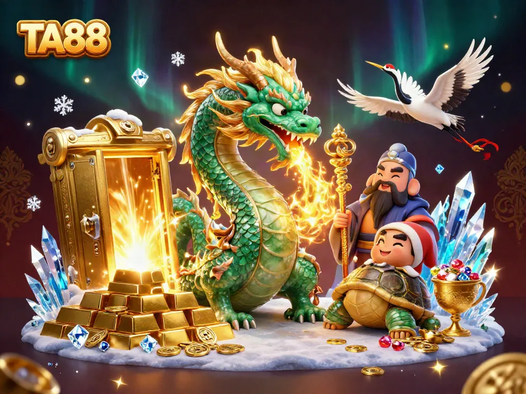 Experience the excitement of TA88's vibrant casino world with a jade dragon and treasures.