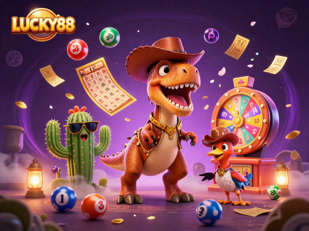 LUCKY88 players enjoying vibrant lottery games with a lively dinosaur character and casino elements.