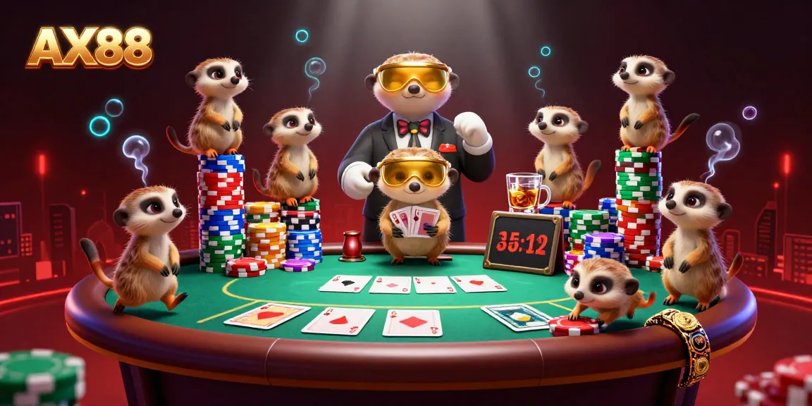 AX88 meerkats managing a colorful casino operation with poker tables and vibrant decorations.
