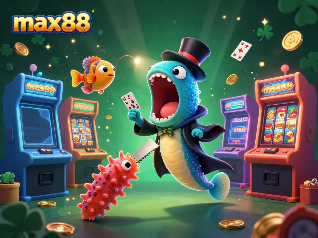 Experience max88 magic with a 3D cartoon eel performing tricks amidst a vibrant casino scene.
