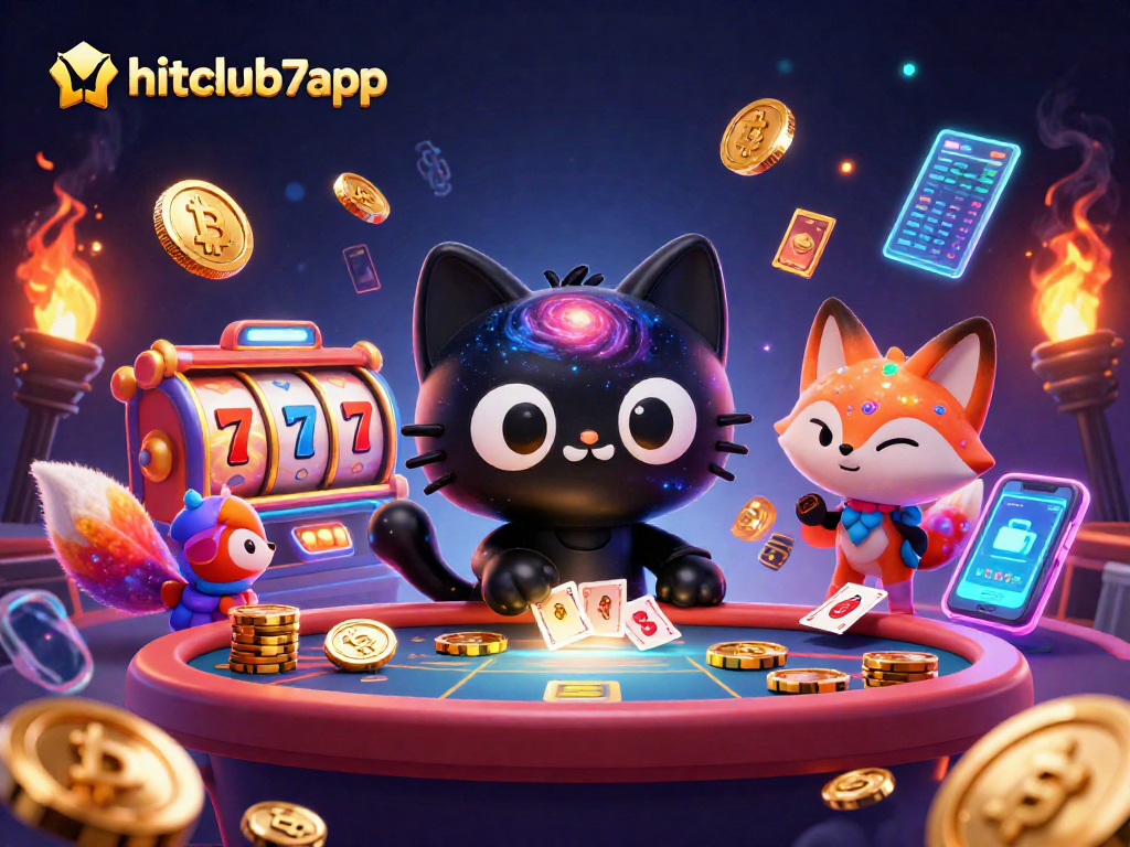 Experience thrilling gameplay at hitclub7app with a dazzling cosmic casino scene featuring a black hole cat and vibrant slot elements.