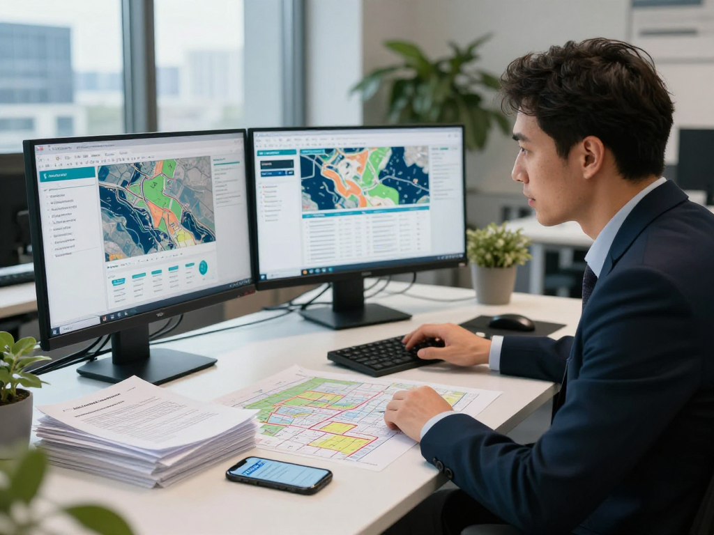 Consultant working on data security strategies for Vermessungsbüros und ÖbVI in a modern office