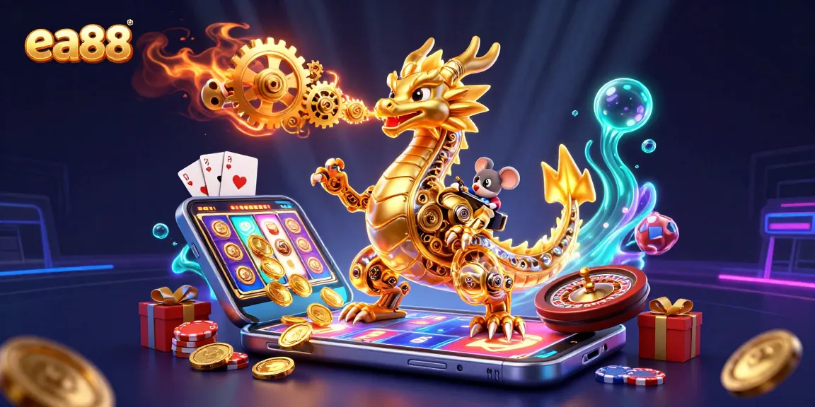 Experience exhilarating gaming at ea88 with a golden dragon spilling cogs amidst thrilling casino elements.