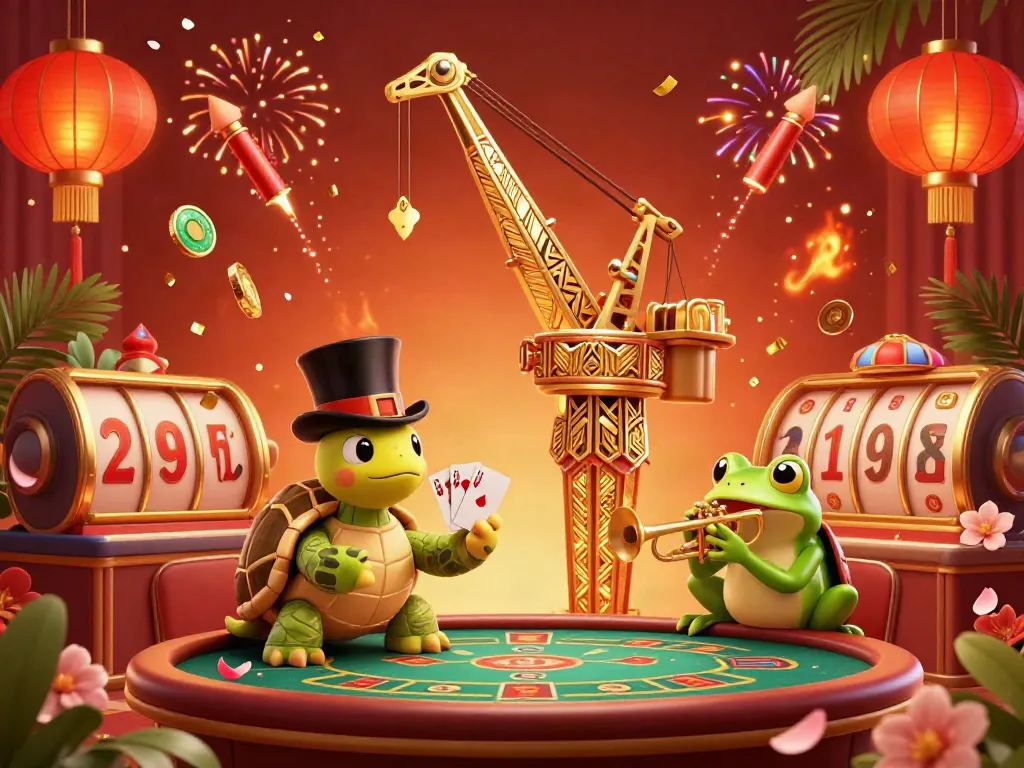 Experience the vibrant casino scene showcasing f168 with a lively crane, turtle, and frog. Fun gambling elements abound.