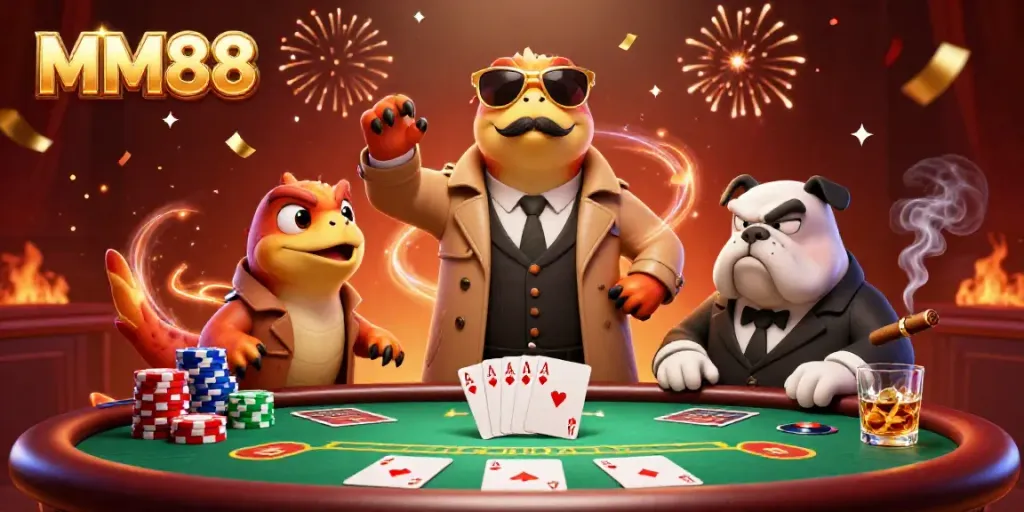Engage in MM88's thrilling casino atmosphere with raptors in disguise at a poker table.