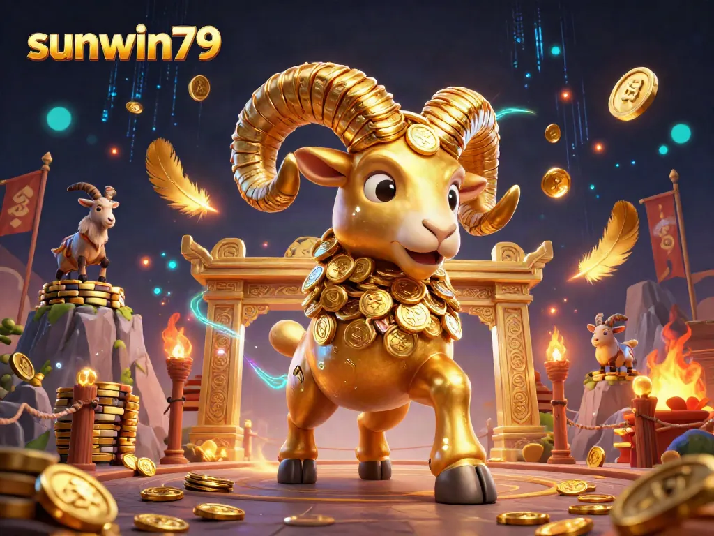 Experience the vibrant world of sunwin79 where a golden ram charges through a dynamic casino scene full of betting tokens and neon lights.