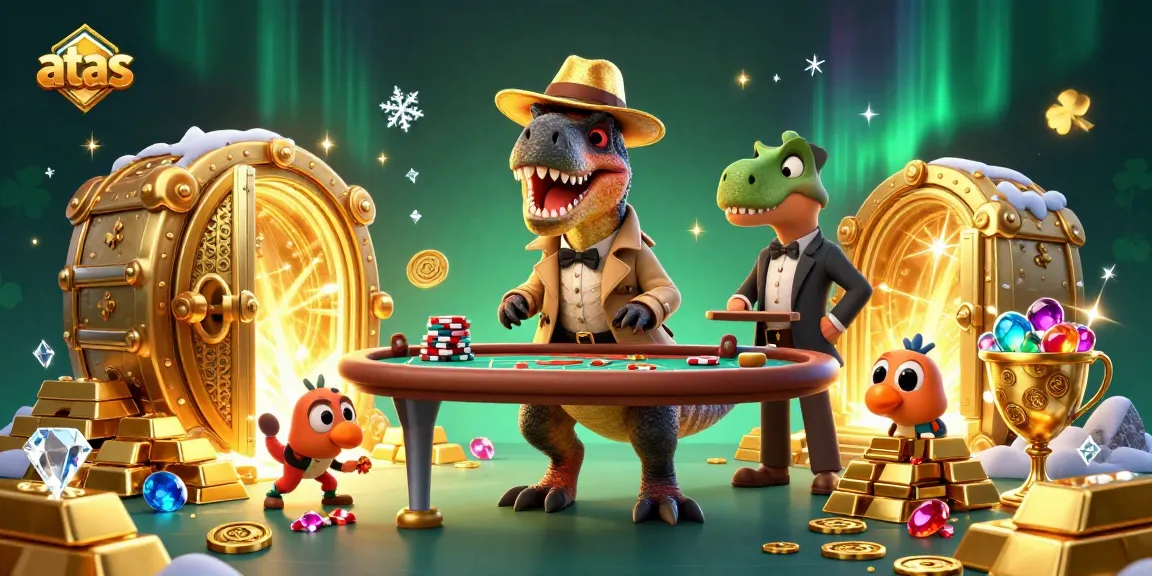 Spin at the blackjack table with the humorous velociraptor at ATAS casino, surrounded by treasures.