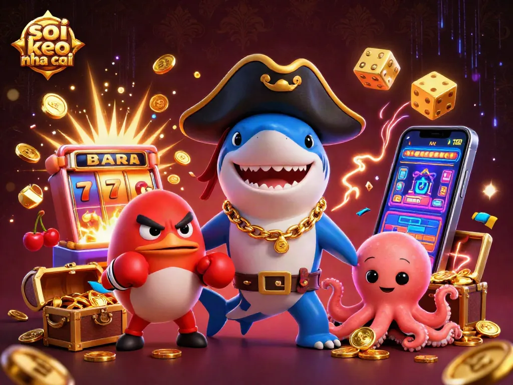 Soi keo nha cai with an energetic pirate shark, pufferfish, and octopus in a lively casino scene.