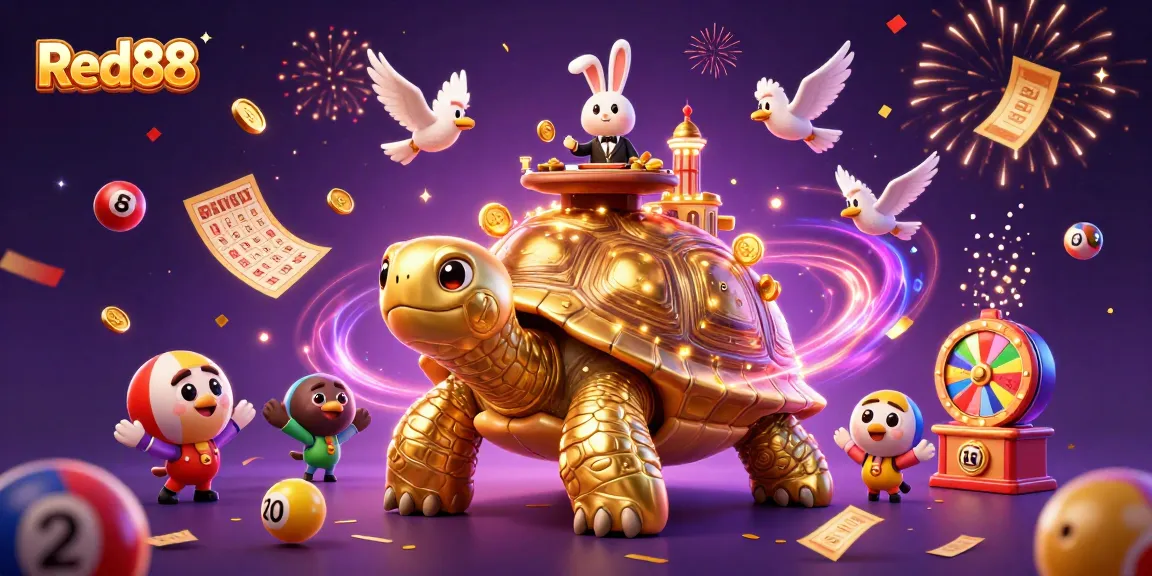 Experience the excitement at Red88 with a vibrant 3D casino scene filled with characters and casino games.