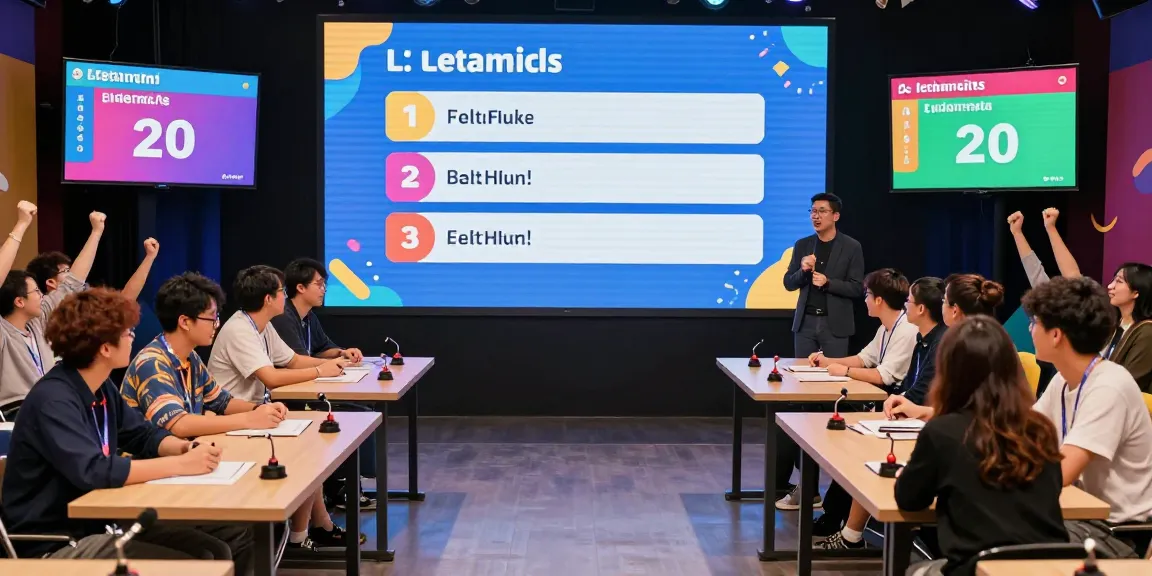 Quiz Allgemeinwissen Teilnehmer in aufregendem Ambiente, animierte Fragen auf dem Bildschirm.